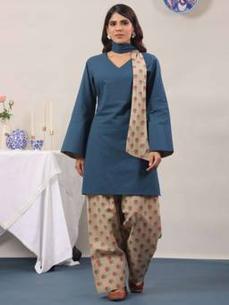 Rimeline - Blue Pure Cotton Solid Farshi Kurta with Salwar and Dupatta