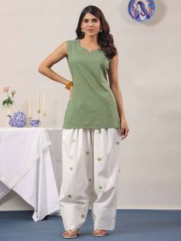 Rimeline - Olive Pure Cotton Solid Farshi Kurta with Salwar