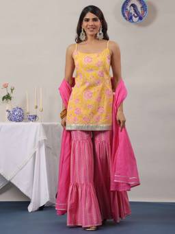 Rimeline - Pink Pure Cotton Floral Kurta with Sharara and Dupatta