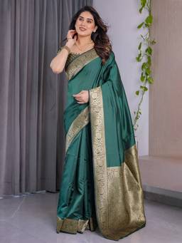 URBAN PALLU - Green Paithani Cotton Blend Woven Saree