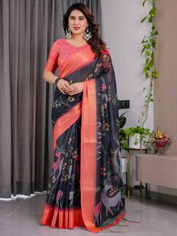 URBAN PALLU - Black Art Silk Woven Boarder Saree