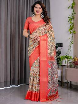 URBAN PALLU - Cream Art Silk Woven Boarder Saree