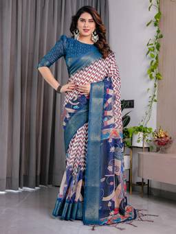 URBAN PALLU - Navy Blue Patola Cotton Blend Woven Saree