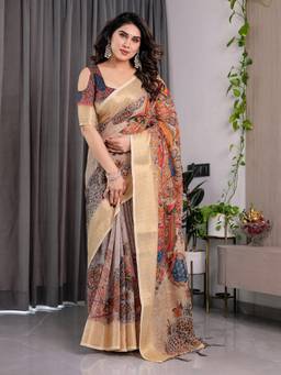 URBAN PALLU - Cream Paithani Cotton Blend Woven Saree