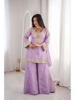 TWINS LADY - Lavender Georgette Embroidered Kurta with Palazzo and Dupatta