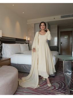 TWINS LADY - Off White Georgette Plain Anarkali Kurta with Pant and Dupatta