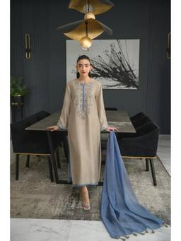 TWINS LADY - Beige Chanderi Embroidered Kurta with Pant and Dupatta