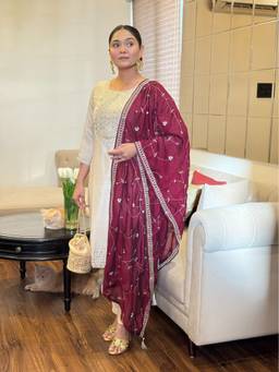 TWINS LADY - Cream Silk Blend Embroidered Kurta with Pant and Dupatta