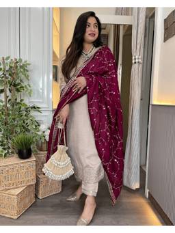 TWINS LADY - Cream Silk Blend Embroidered Kurta with Pant and Dupatta