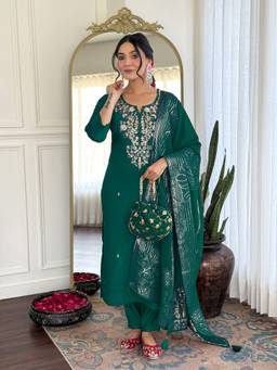 TWINS LADY - Green Silk Blend Embroidered Kurta with Pant and Dupatta