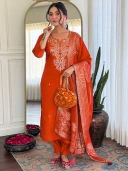 TWINS LADY - Orange Silk Blend Embroidered Kurta with Pant and Dupatta