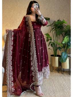 TWINS LADY - Maroon Silk Embroidered Anarkali Kurta with Pant and Dupatta
