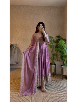 TWINS LADY - Purple Silk Embroidered Anarkali Kurta with Pant and Dupatta