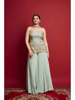 TWINS LADY - Green Georgette Embellished Kurta with Palazzo and Dupatta