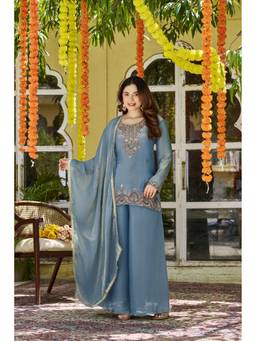 TWINS LADY - Blue Satin Embroidered Kurta with Palazzo and Dupatta