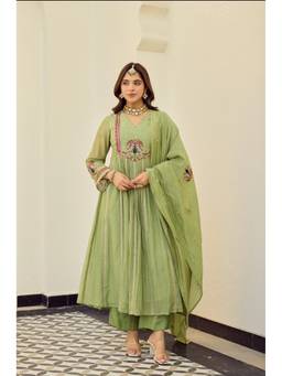 TWINS LADY - Green Chanderi Embroidered Anarkali Kurta with Palazzo and Dupatta