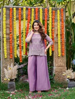 TWINS LADY - Lavender Silk Blend Embellished Kurta with Palazzo and Dupatta