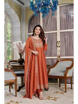 TWINS LADY - Rust Silk Blend Embroidered Anarkali Kurta with Pant and Dupatta