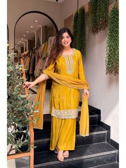 TWINS LADY - Yellow Silk Embroidered Kurta with Palazzo and Dupatta