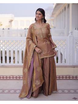 TWINS LADY - Brown Silk Blend Embroidered Kurta with Palazzo and Dupatta