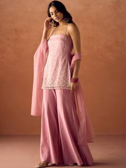 TWINS LADY - Pink Viscose Embroidered Kurta with Palazzo and Dupatta