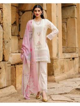 TWINS LADY - Cream Cotton Embroidered Kurta with Pant and Dupatta