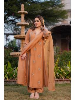 TWINS LADY - Orange Silk Embroidered Anarkali Kurta with Pant and Dupatta