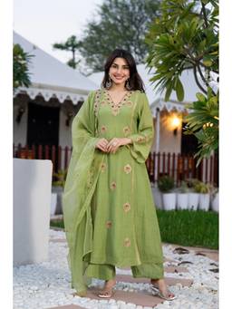 TWINS LADY - Green Silk Embroidered Anarkali Kurta with Pant and Dupatta