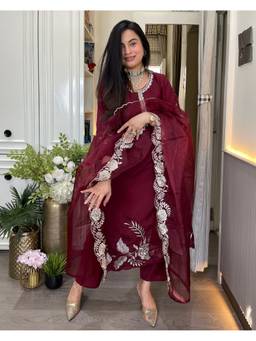 TWINS LADY - Maroon Chanderi Embroidered Kurta with Pant and Dupatta