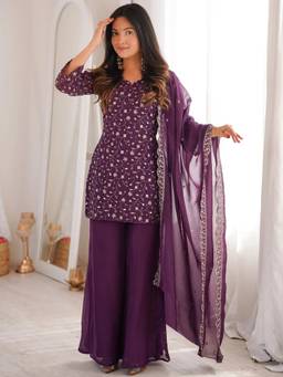 TWINS LADY - Purple Georgette Embellished Kurta with Palazzo and Dupatta