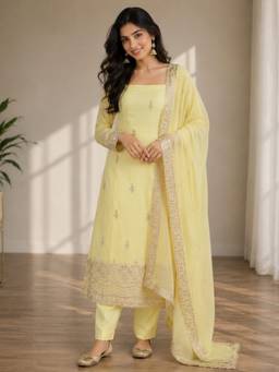 TWINS LADY - Yellow Georgette Embroidered Kurta with Pant and Dupatta