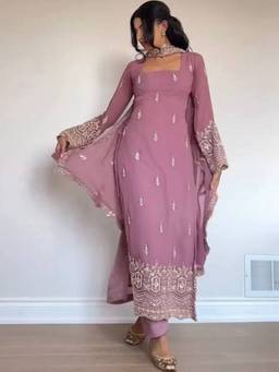 TWINS LADY - Mauve Georgette Embroidered Kurta with Pant and Dupatta