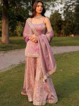 TWINS LADY - Mauve Satin Embroidered Kurta with Sharara and Dupatta