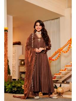 TWINS LADY - Brown Silk Blend Embroidered Kurta with Pant and Dupatta