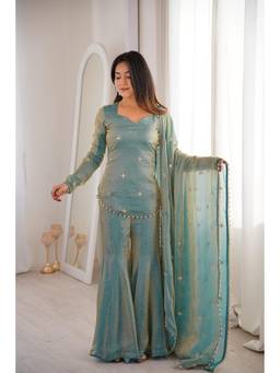 TWINS LADY - Sea Green Silk Embroidered Kurta with Sharara and Dupatta