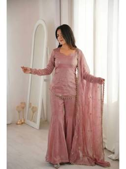 TWINS LADY - Pink Silk Embroidered Kurta with Sharara and Dupatta