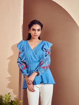BOHO-CHIC By Sukriti Jain - Cobalt Blue Enchanted Embroidered Ruffled Blouse