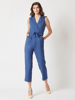 Miss Chase - Women Azure Blue V-neck Sleeveless Straight Leg Tie-up Solid Belted Wrap Jumpsuit