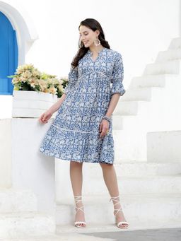 Stylum - Womens Floral Printed Cotton Tiered A-Line Dress