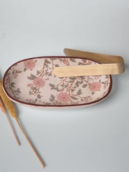 The Confetti Tree - Stoneware Oval Tray With Peony Print & Brass Tong