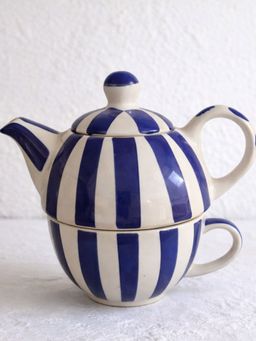 The Confetti Tree - Handmade Ceramic Striped Tea Pot And Cup Set - Blue & White
