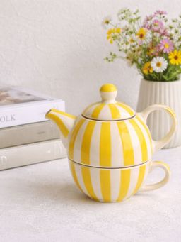 The Confetti Tree - Handmade Ceramic Striped Tea Pot And Cup Set - Yellow & White