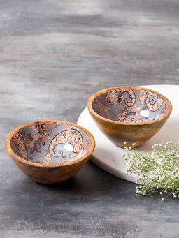 Nestroots - Allure Paisley Mango Wood Bowl Grey Set Of 2