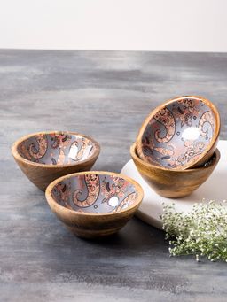 Nestroots - Allure Paisley Mango Wood Bowl Grey Set Of 4
