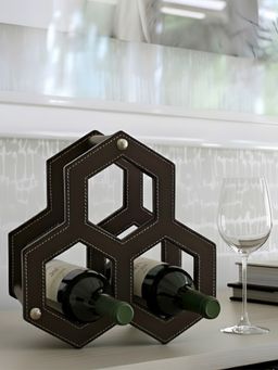 Aarvi Decor - Brown Faux Leather 3 Bottle Wine Rack