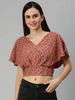 SHOWOFF - Women V-Neck Floral Brown Crop Top