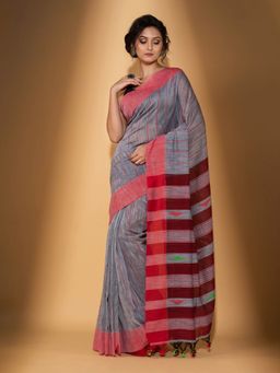 Beatitude - Grey Handspun Cotton Woven Saree with Unstitched Blouse