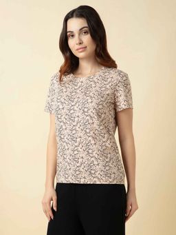 Van Heusen Woman Lingerie and Athleisure - Peach Printed Relaxed Fit Loungewear T-Shirt