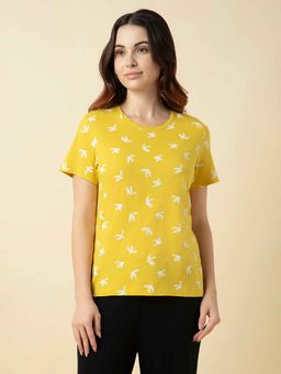 Van Heusen Woman Lingerie and Athleisure - Yellow Printed Relaxed Fit Loungewear T-Shirt