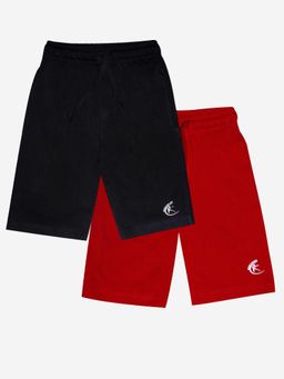 KiddoPanti - Boys Cotton Knit Knee length Jet Black & Red Basic Shorts (Pack of 2)